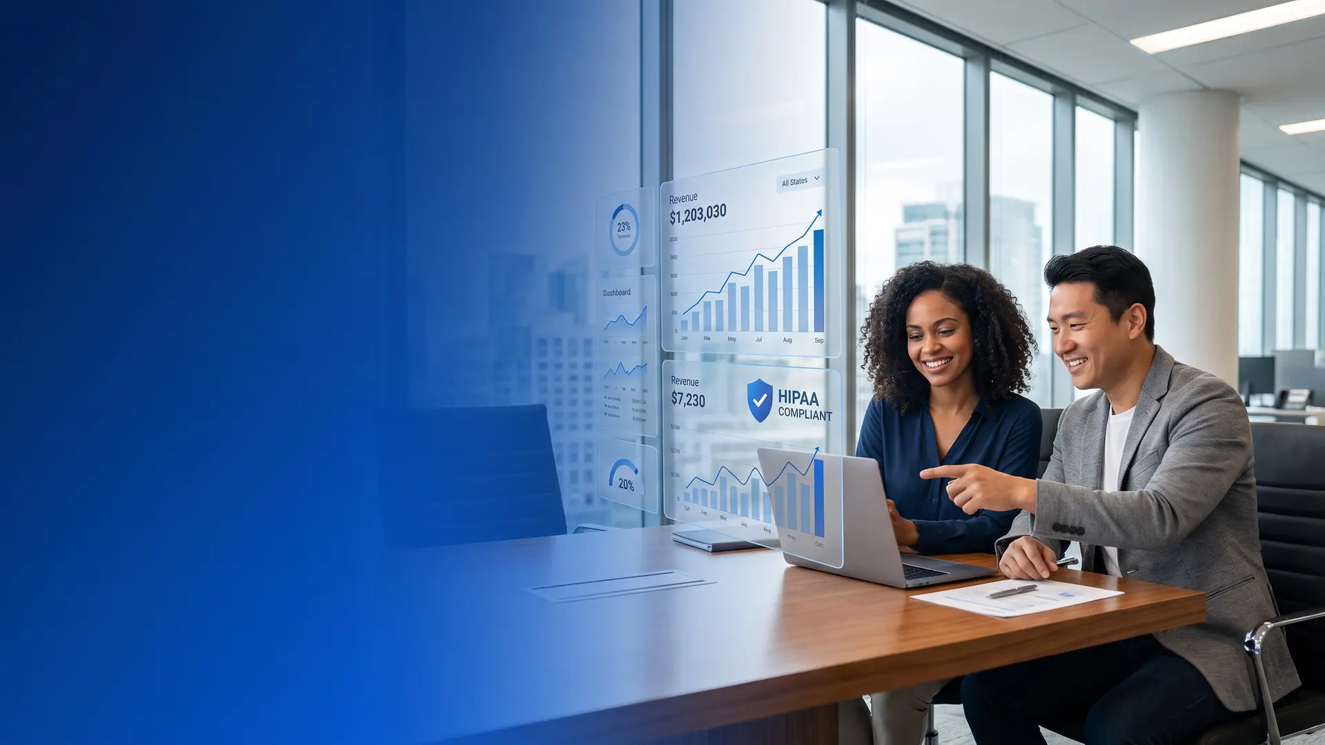 Doctrine medical billing specialists reviewing a live revenue dashboard